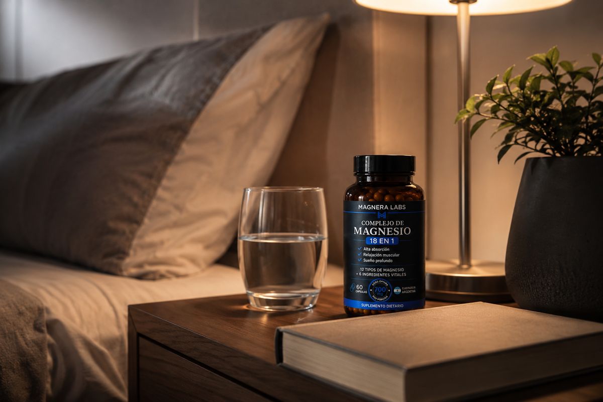 Frasco de Magnera Labs sobre la mesa de luz, junto a un vaso de agua