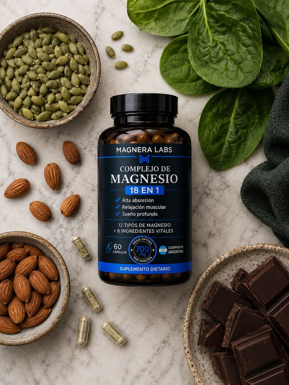 Frasco de Magnera Labs junto a alimentos ricos en magnesio y cápsulas